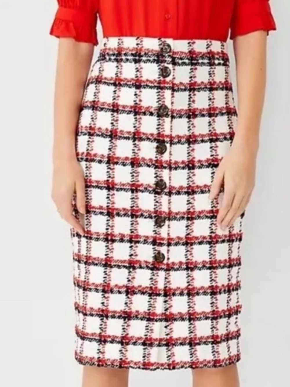 Ann Taylor Red, Black and White Tweed Pencil Skirt